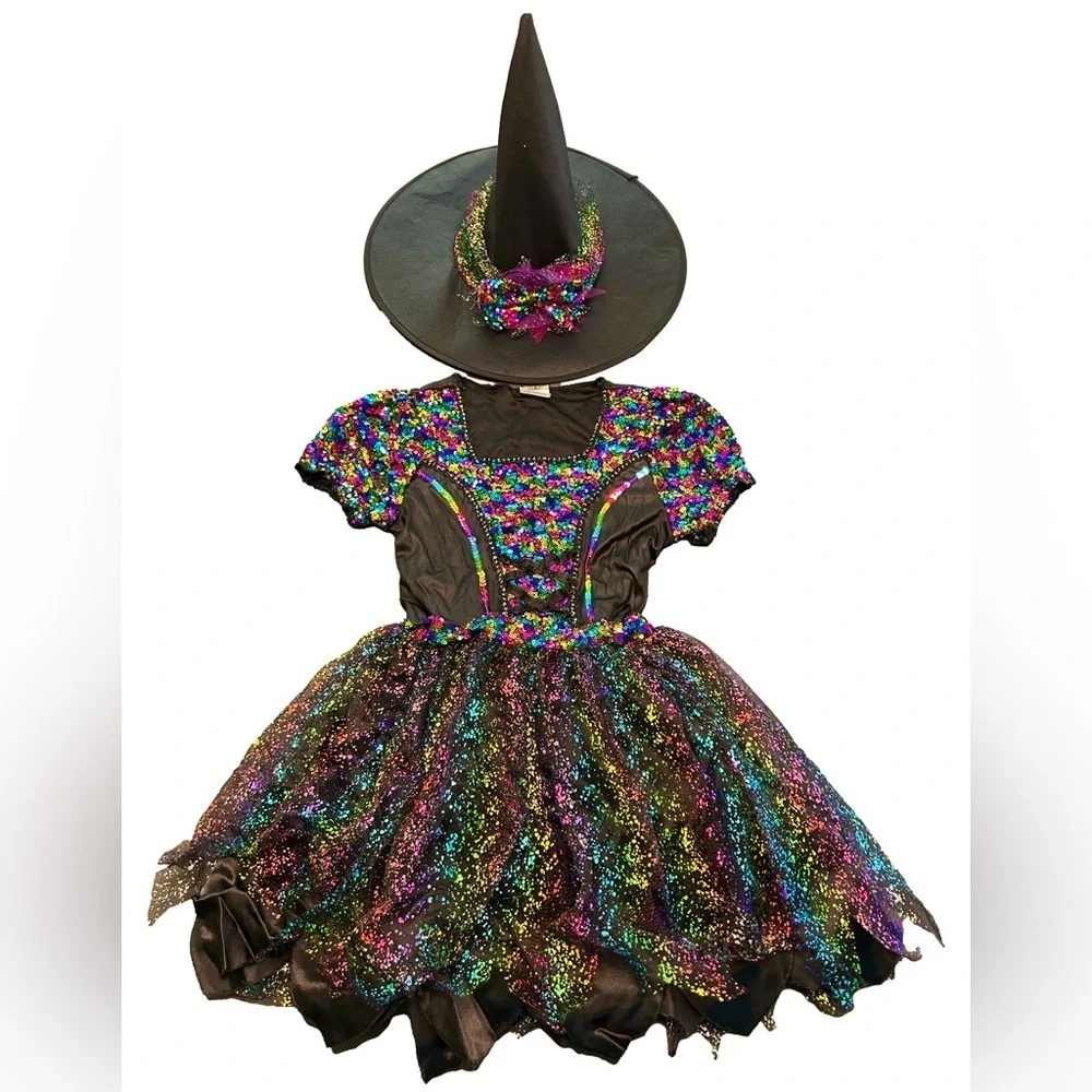 Girls 8/10 dark pretty witch sequin bling sparkling Halloween costume With hat - Picture 3 of 8